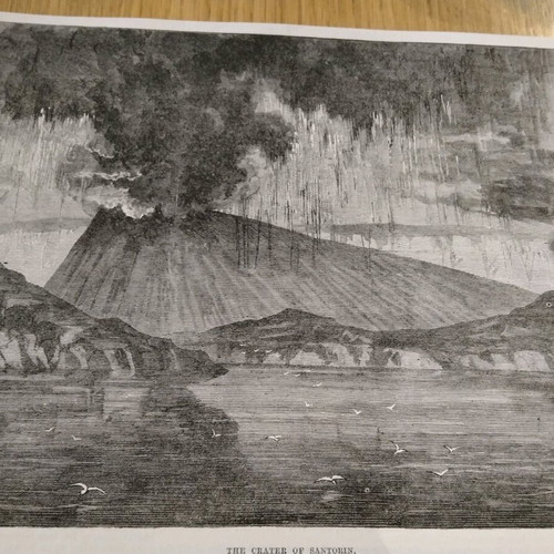 Volcano eruption in Santorini 1870 woodcut used 26x16cm