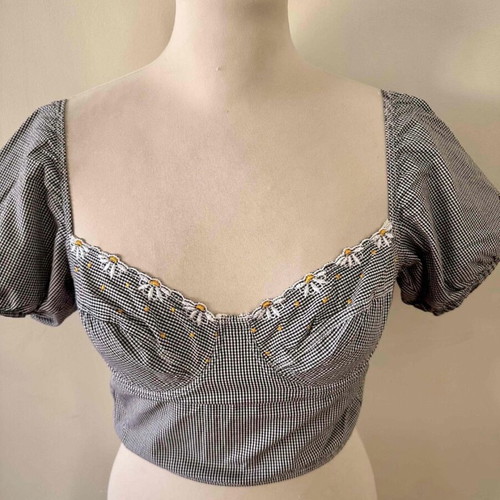 Vintage gingham bustier crop top with puff sleeves, like new