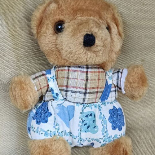 Teddy Bear 15.5 cm used, vintage soft toy with work outfit