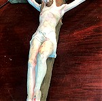  Αντίκα άνω των 60 ετών Ιταλίας χειροποίητο Πορσελάνινο άγαλμα του Εσταυρωμένου Χτιστού στο Σταυρό με επιτοίχια με υποδοχή