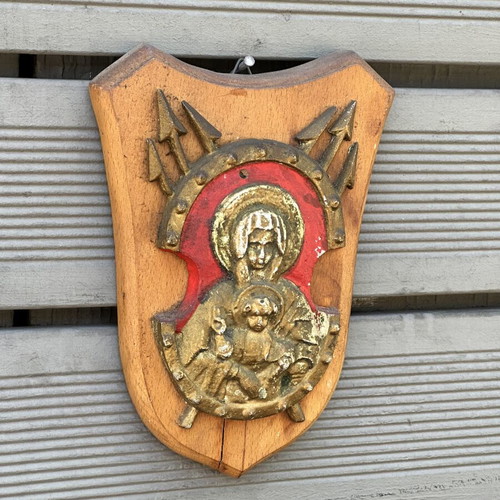 Nautical Religious Shield Panagia Vrefokratousa used, wooden base 23.5 cm