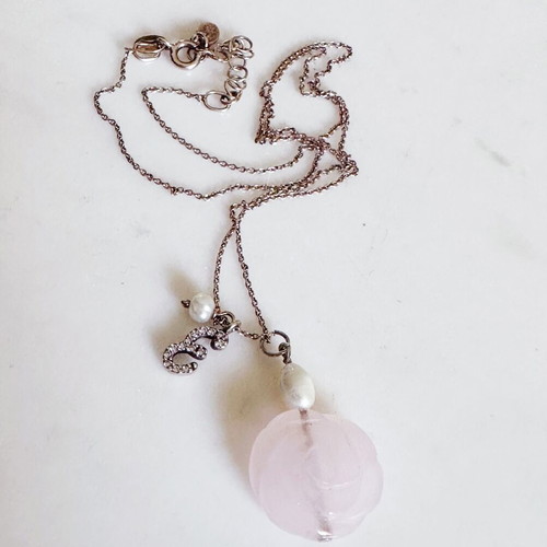 Gregio silver necklace used with rose quartz, pearls and zirconia charms