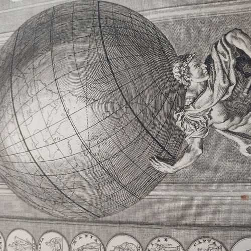Engraving book frontispiece used with hero Atlas holding the earth