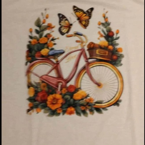 White mako t-shirt with colorful bicycle and flowers print, like new, size L