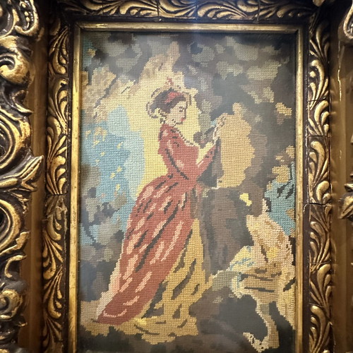 Vintage gobelin textile painting "The Souvenir" with baroque carved frame
