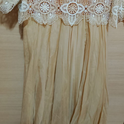 Mitropoulos dress like new, beige with crochet lace and pearls