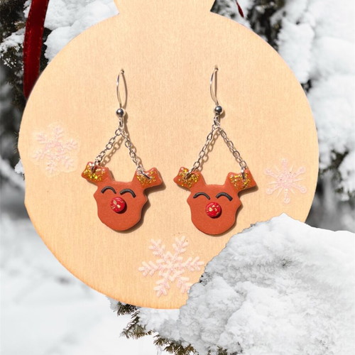 Reindeer earrings handmade from steel and polymer clay new