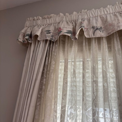 Curtain set used, 5 pieces with floral embroidered sheer and blackout curtains