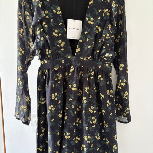 Glamorous Floral Mini Dress, Black Yellow Bouquet, Size Small