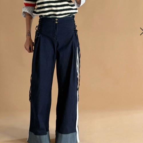 Meet to you Wide Leg Denim Jeans with Adjustable Waist, New, Blue