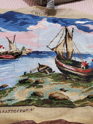 Seascape embroidery panel used, half-stitched 80×60 cm