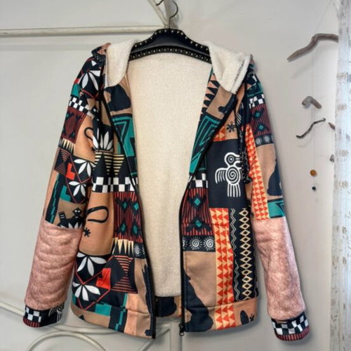 Boho fleece jacket used with sherpa lining and ethnic pattern