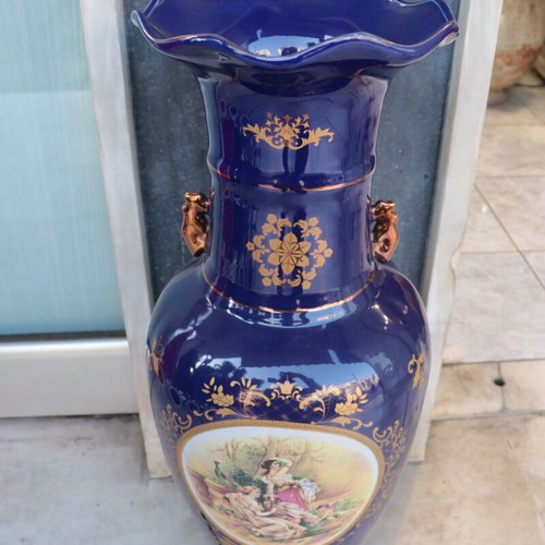 Large German Porcelain Floor Vase Cobalt Blue with Gold Decoration and Romantic Scene