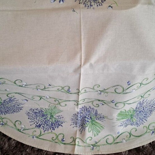 Cotton tablecloth ecru with lavender design and round hem 1.70x1.75