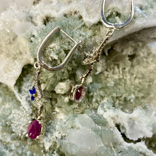 Handmade silver earrings with natural ruby, sapphire and moissanite