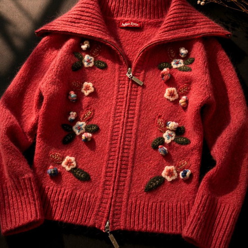 Indian Rose cardigan like new with embossed flowers and double zipper