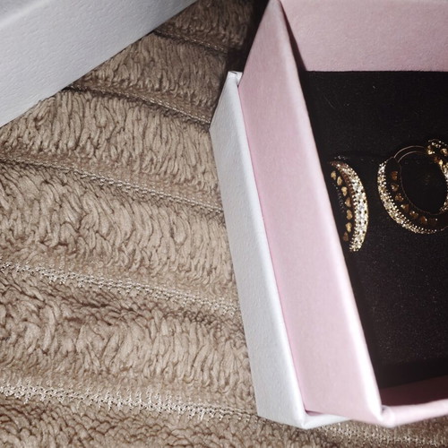 Pandora hoop earrings with pavé stones and side hearts, gold tone