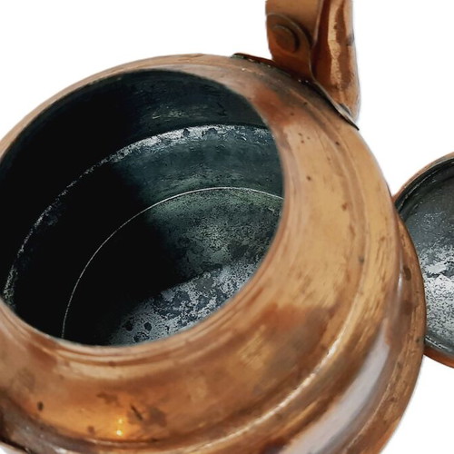 Vintage copper teapot used, 1980s, wooden handle
