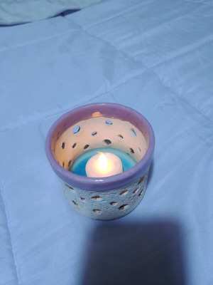 Handmade candle holder with electronic candle new, ceramic purple-blue