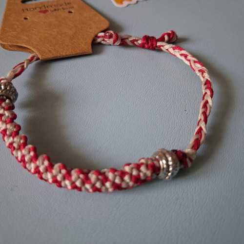 Handmade Macrame Martis Bracelet with Silver Beads, Red and White, New