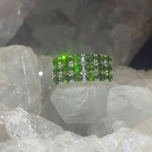 Silver ring with natural diopside and 18K gold plating, adjustable