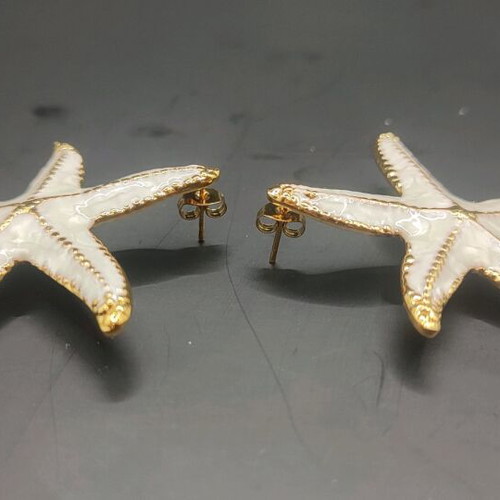 Starfish earrings new stainless steel with white enamel and gold details