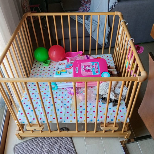 Montessori Wooden Playpen used with wheels and mattress