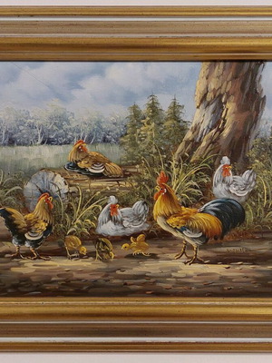 Vintage πίνακας ζωγραφικής υπογεγραμμένος, σαν καινούργιος, σκηνή με κόκορα και κότες