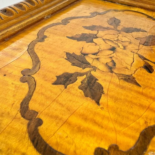 Vintage handmade wooden jewelry box used with carved floral marquetry