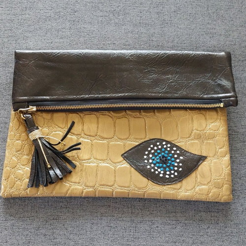 Handmade brown and gold fold-over clutch bag