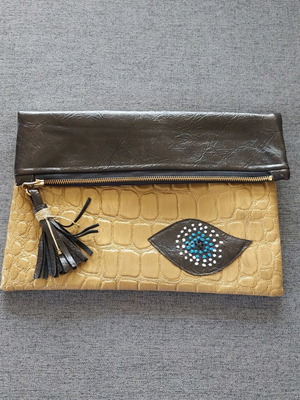Handmade brown and gold fold-over clutch bag