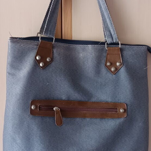 Shoulder bag used, grey denim with brown details