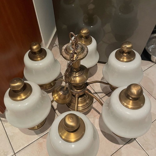 Bronze ceiling light refurbished with six white glass shades