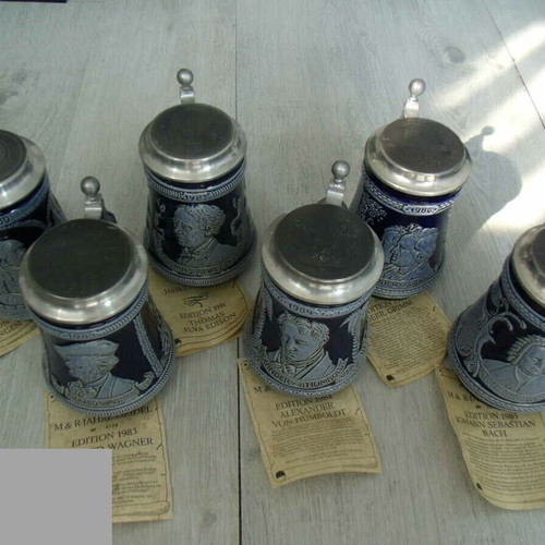 Porcelain steins M & R like new, set of 6 with metal lids