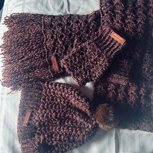 Handmade knitted set scarf, hat and gloves brown