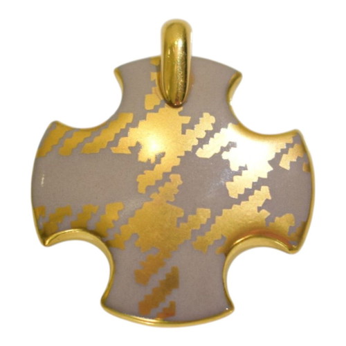 Burberry Gold Houndstooth Cross Pendant, Grey-Taupe Enamel