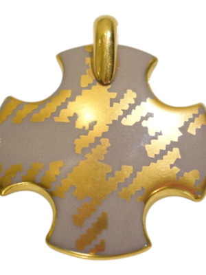Burberry Gold Houndstooth Cross Pendant, Grey-Taupe Enamel