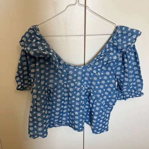 Blue denim blouse with flowers and frills on sleeves like new