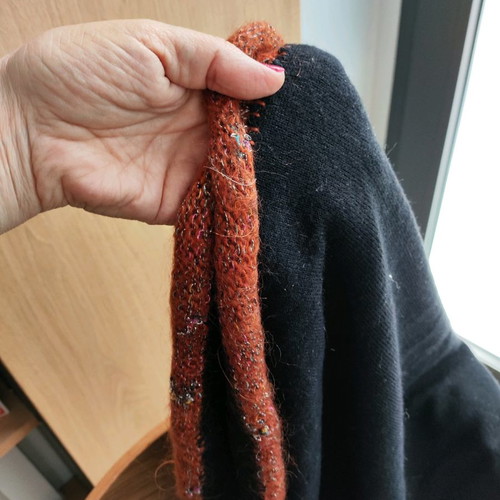 Wool scarf used, black with brown metallic details