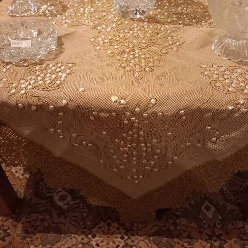 Γνήσιο χειροποίητο καρέ 120x120 με πέρλες Σβαρόφσκι και χρυσή δαντέλα