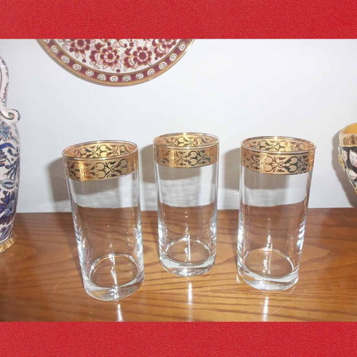 Water glasses used, set of 3, hand-blown glass with gold rim 6x14 cm