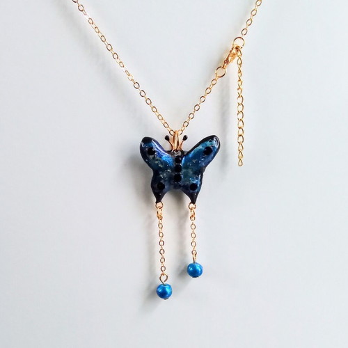 Handmade butterfly necklace blue new with gold chain