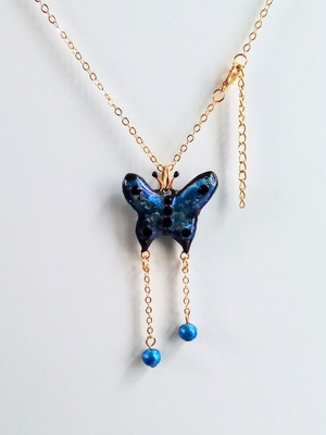 Handmade butterfly necklace blue new with gold chain