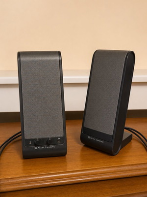 Altec Lansing wired computer speakers used, black, volume control
