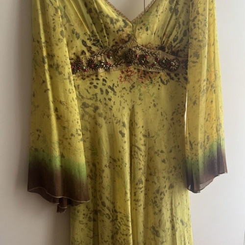 Silk Midi Dress Cinema by Panos Zinas like new, green and yellow