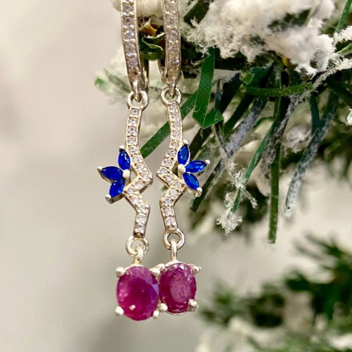 Handmade silver earrings with natural ruby, sapphire and moissanite
