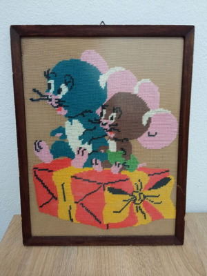 Vintage embroidered Tom and Jerry Nibbles framed art used