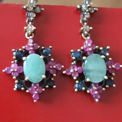 Earrings with rubies, sapphires, emeralds and diamonds vintage cut, 9k gold and 925 silver like new