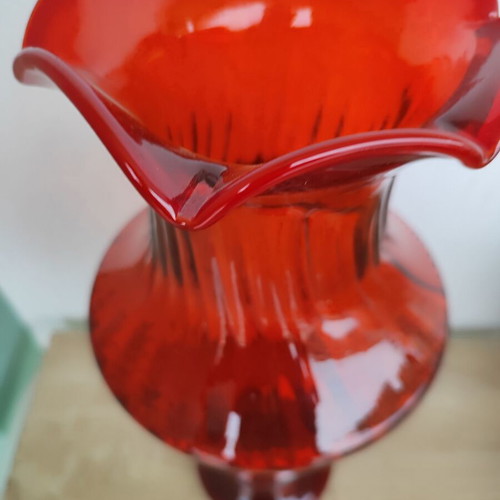 Vintage Large Glass Vase used, bright red, 40cm height