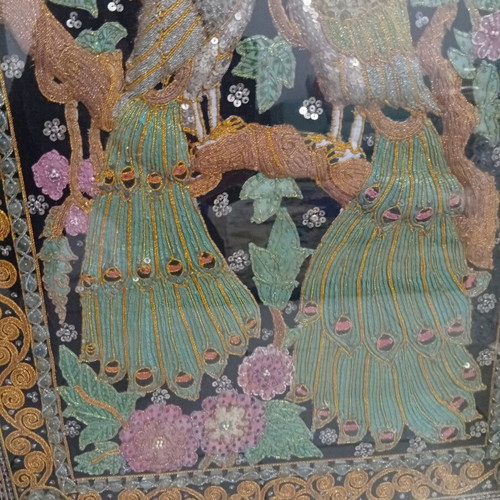 Peacock Embroidery Textile Panel with Gold Frame